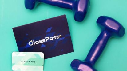 Weights and ClassPass cards on a blue background.