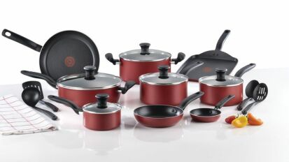 18-piece cookware set from T-FAL on a table.