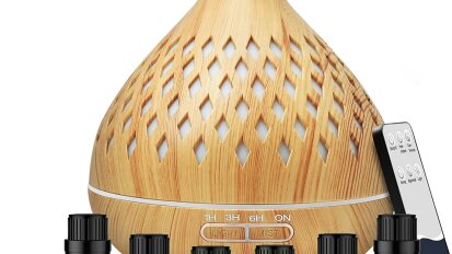 Brown diffuser with essential oil bottles