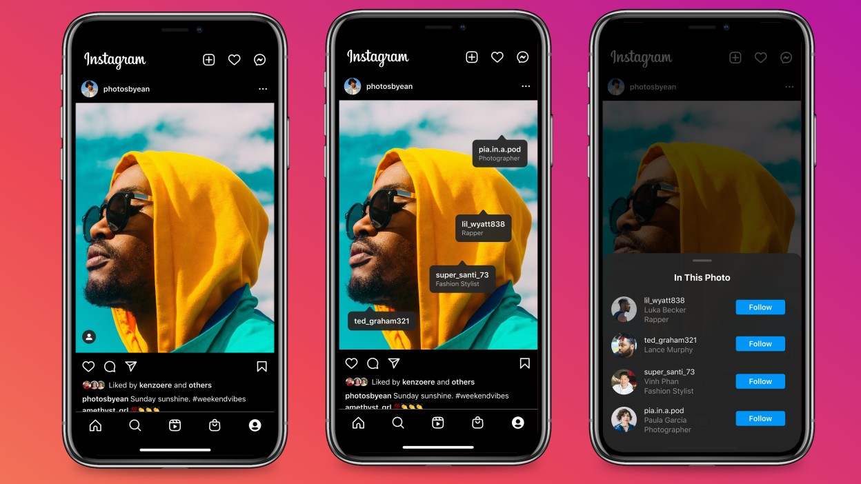 Three phones show an Instagram post with enhanced creator tags on screen.