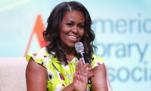 Michelle Obama speaks to a crowd at an American Library Association event.