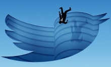 An illustration of a man falling into a hole shaped like the Twitter logo.