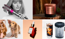 a photo composite of gifts, including the Dyson Airwrap, dog accessories from Wild One, a Boy Smells candle, a Hyperchiller, and a serum from Sunday Riley