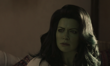 She-Hulk, played by Tatiana Maslany, in her green form, looking confused.