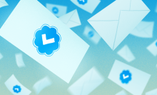 An illustration of envelopes stamped with a Twitter-style blue tick floating through the air.