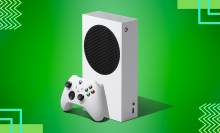an xbox series s with its xbox wireless controller against a green geometric background