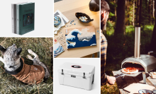 a collage of valentine's day gift ideas for a husband, including a24 screenplay books, a lego set, a pizza oven, a custom yeti cooler, and a carhartt dog coat