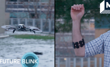 A side by side of a drone and a man with a sensor on his forearm used for controlling the drone