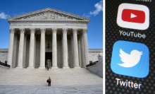 A split photo: on the left, the white columns of the United States Supreme Court building in daylight. On the right, a screenshot of the YouTube and Twitter app buttons on a phone.