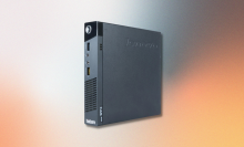 refurbished lenovo thinkcentre desktop computer with gradient colored background