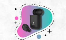 peiko gen 2 translation earbuds with charging case and colorful background