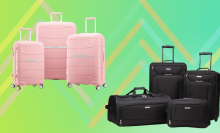 pink 3-piece luggage set and black 4-piece luggage set against green and yellow background