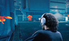 Man wearing headphones playing an immersive video game
