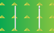 Apple Pencils, 1st and 2nd generation against a green background and yellow/green triangles
