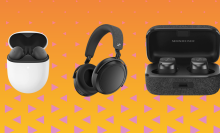 Google pixel earbuds, sennheiser headphones, and sennheiser earbuds against orange background and pink triangles