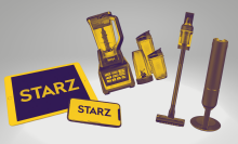starz streaming service on tablet and phone, samsung bespoke jet, and ninja blender and accessories with yellow tint