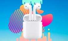 White airpods, 2nd generation in charging case against blue background and bright pink, yellow, and mint green shapes.