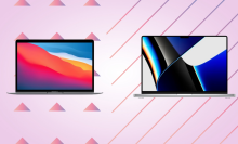 Macbook air and Macbook pro against a pink background with triangles on the right and diagonal lines on the left