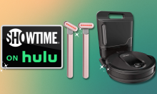 tablet with showtime on hulu, solawave wands, shark robot vacuum with colorful background