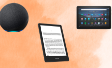 Amazon Echo, Kindle, and Fire table on light orange background