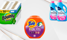 Paper towels, Tide pods, and fabric softener on light beige background