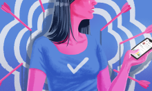 illustration of person in a blue check shirt surrounded by arrows