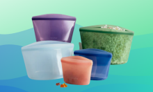 set of 5 silicone bags in purple, blue, sky blue, green, and coral against a blue and green background