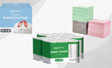 Paper towels, trash bags, and microfiber towels on gray background