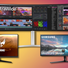 monitors from lg, asus, and samsung with pink and yellow background