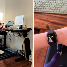 woman walking on treadmill while working at a standing desk / Apple Watch tracking walking workout with treadmill in the background