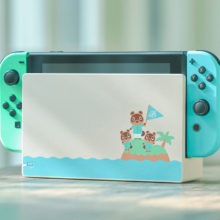 Nintendo Switch Animal Crossing Edition Console in dock on neutral background 