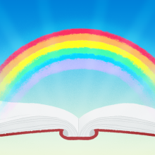 An illustration of an open book laying flat on its spine. A rainbow is hovering above the book. 