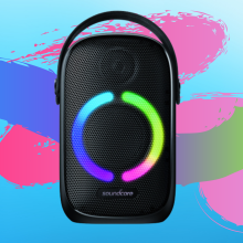 Anker speak with a circular LED light against a blue, pink, and green background