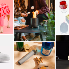 a collage of pictures of valentine's day gift ideas for boyfriends, including a dog sweater, a tabletop fire pit, a cookbook, a marvel lego set, perfume samples, and new balance shoes