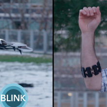 A side by side of a drone and a man with a sensor on his forearm used for controlling the drone