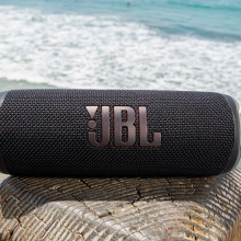 black JBL portable speaker on a wood block against a beach 