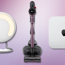 amazon halo rise, lg cordzero vacuum, and mac mini with purple background