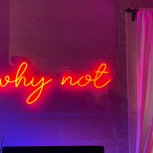 red neon light that says "why not" hanging on a wall 