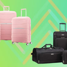 pink 3-piece luggage set and black 4-piece luggage set against green and yellow background