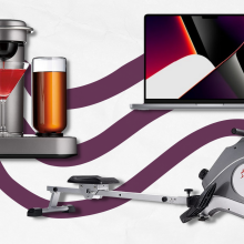 bartesian cocktail machine, macbook pro, and sunny health and fitness rowing machine with purple striped background