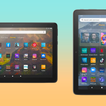 Amazon Fire tablets on colorful background