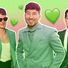 A collage featuring Paul Mescal, Barry Keoghan, and Colin Farrell surrounded by green emoji hearts.