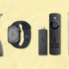 vitamix blender, apple watch, fire tv stick, and shark air purifier with yellow background