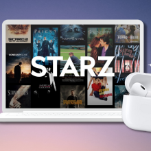 amazon echo auto, starz on laptop screen, and airpods pro with purple gradient background