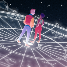 illustration of a black person and a white person standing atop a birth chart in space