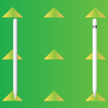 Apple Pencils, 1st and 2nd generation against a green background and yellow/green triangles