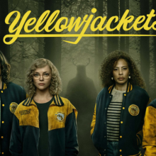Four women in Yellow jackets against a forest background, "Yellowjackets" on top in yellow cursive