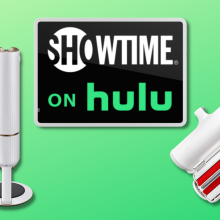 samsung bespoke jet, tablet with showtime on hulu, and chomchom pet hair remover with green background