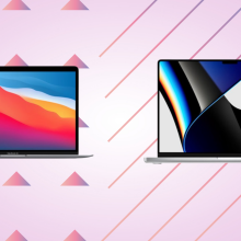 Macbook air and Macbook pro against a pink background with triangles on the right and diagonal lines on the left