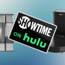 ge profile opal ice maker, tablet with showtime on hulu, and ionvac robot vacuum with blue background